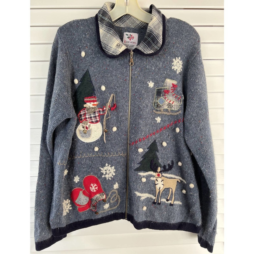 VTG Nutcracker Winter Scene Sweater Cardigan Full Zip Angora Blend Snowmen Sz L